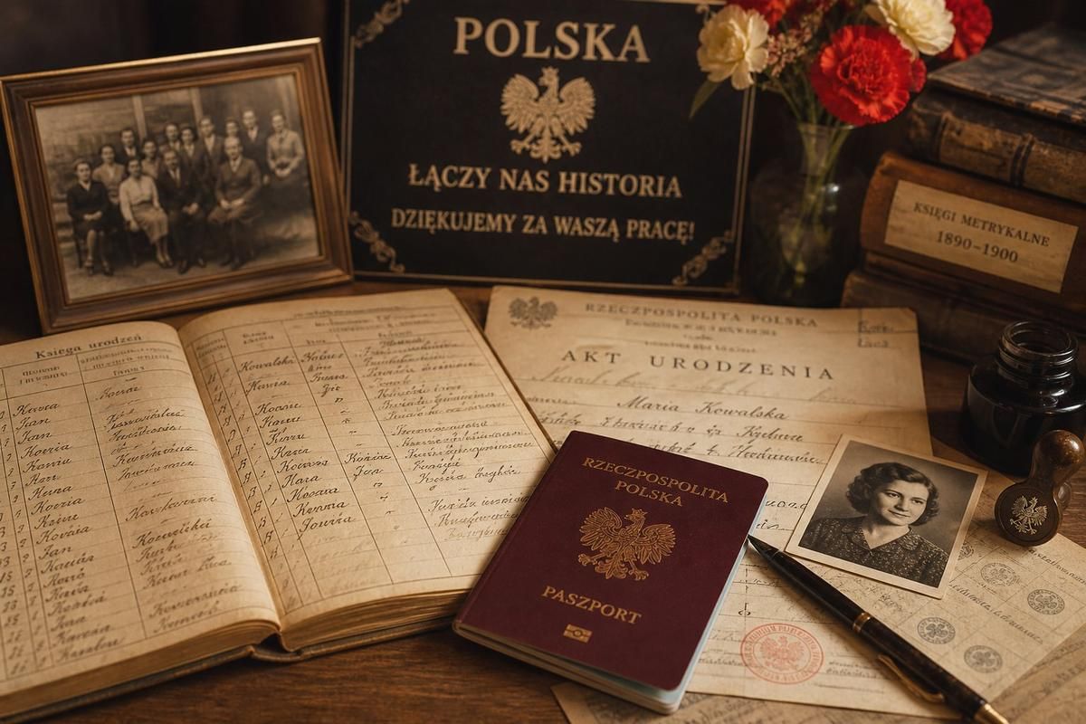 Pasaporte polaco, actas de nacimiento y documentos genealógicos históricos